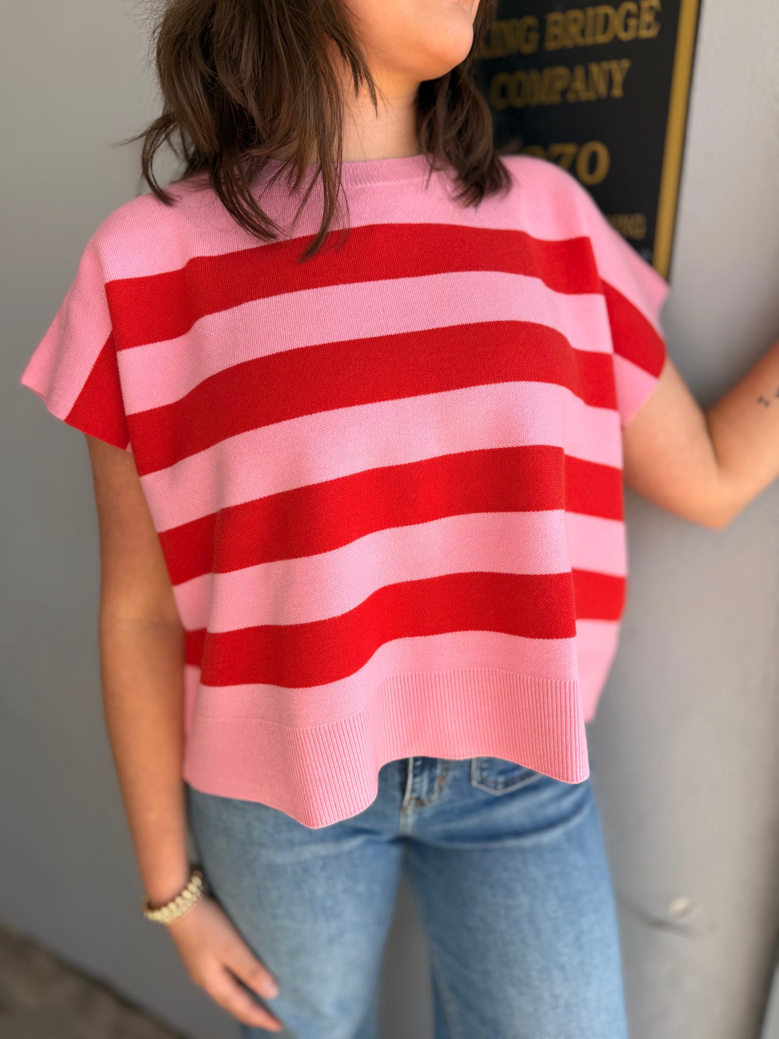 Entro Pink + Red Stripe Sleeveless Sweater Vest