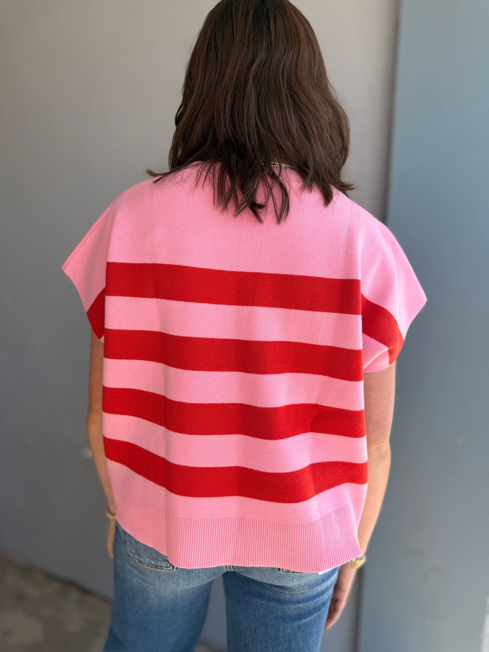 Entro Pink + Red Stripe Sleeveless Sweater Vest
