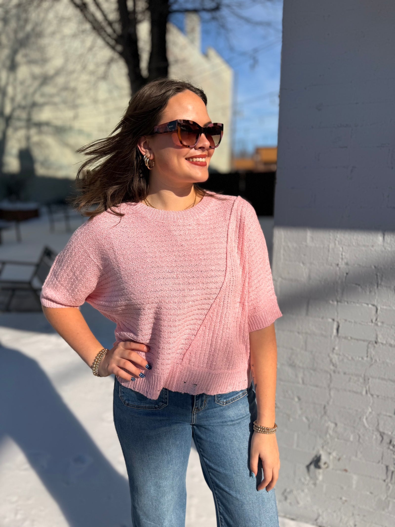 Entro Pink Short Sleeve Knit Top w/ Distressing