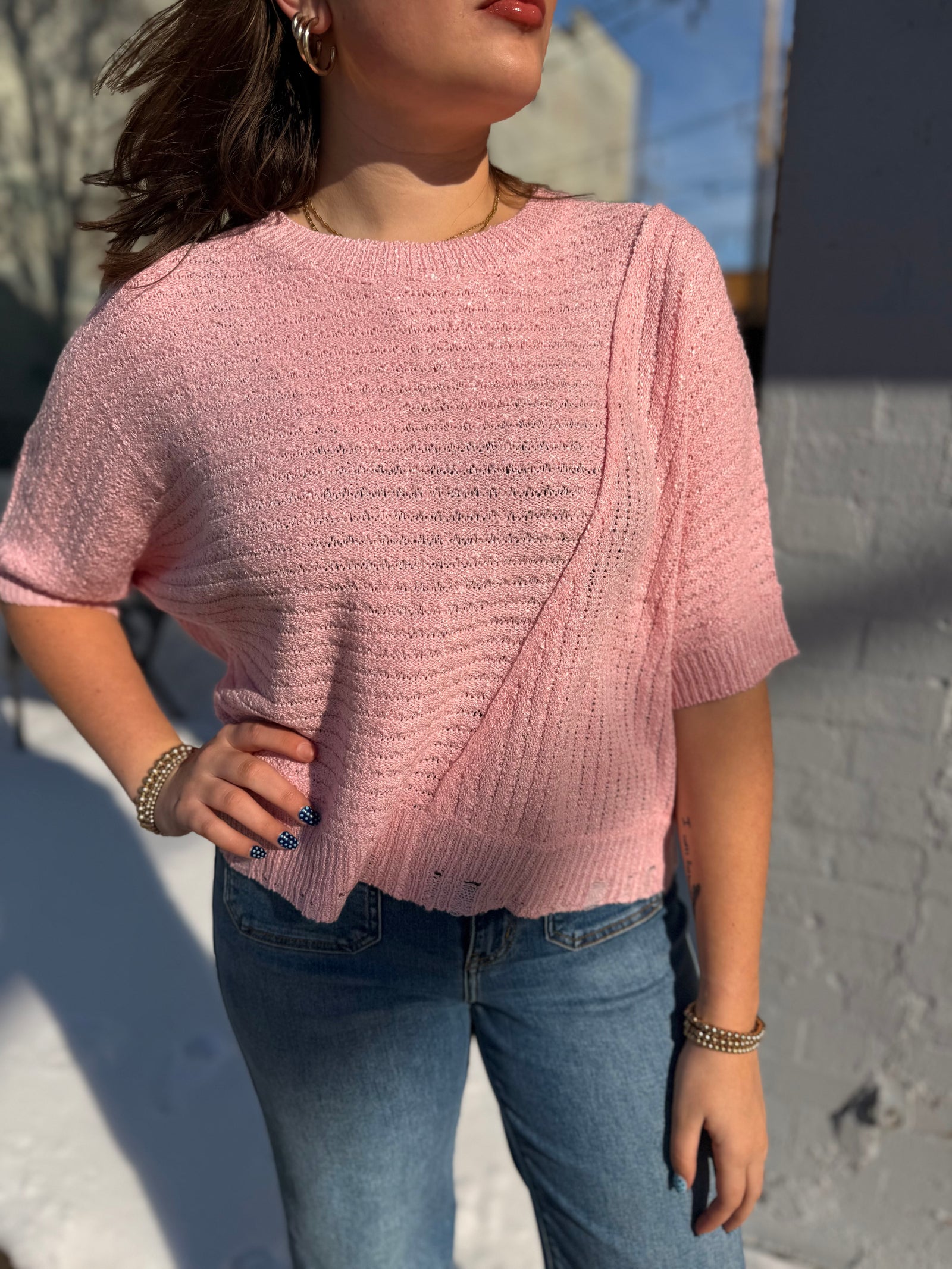 Entro Pink Short Sleeve Knit Top w/ Distressing