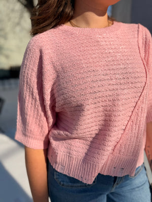 Entro Pink Short Sleeve Knit Top w/ Distressing