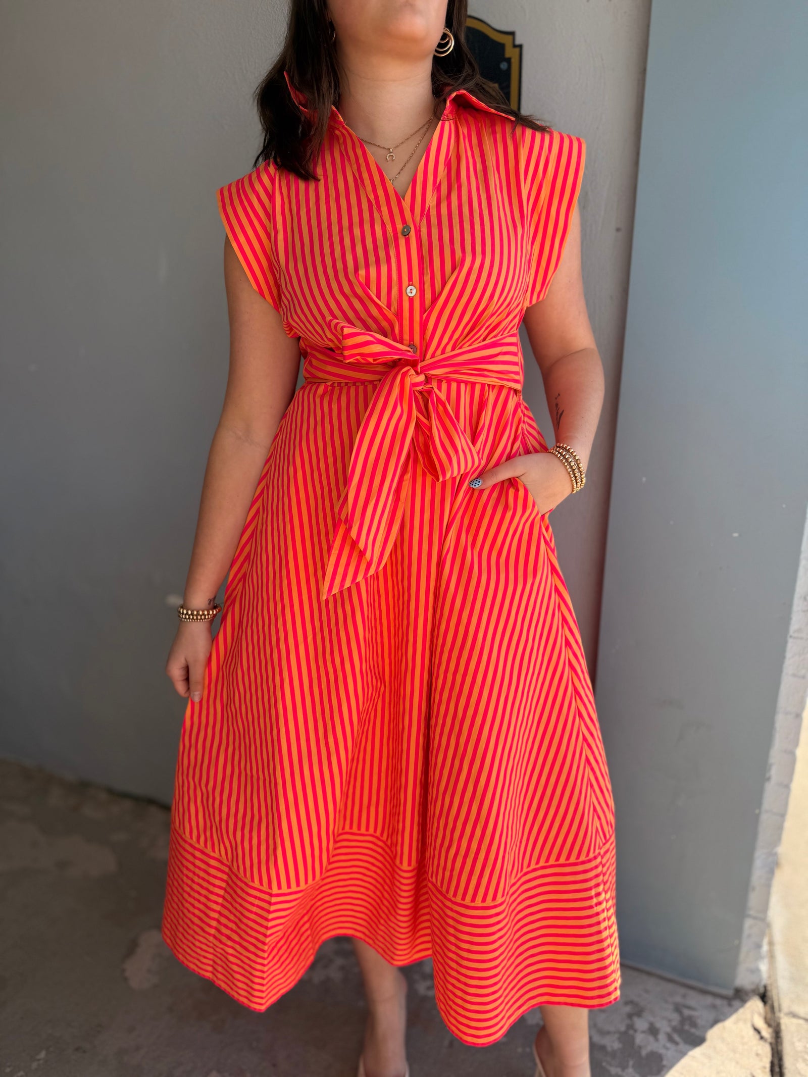 Entro Pink + Orange Stripe Tie Waist Midi Dress