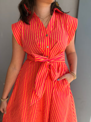 Entro Pink + Orange Stripe Tie Waist Midi Dress