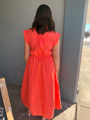Entro Pink + Orange Stripe Tie Waist Midi Dress