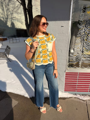 Entro Yellow Floral Cap Sleeve Knit Vest w/ Scallop Hem