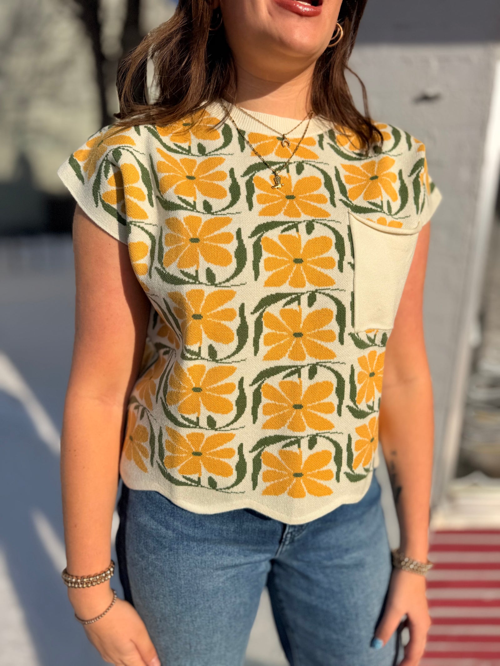 Entro Yellow Floral Cap Sleeve Knit Vest w/ Scallop Hem