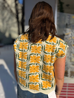 Entro Yellow Floral Cap Sleeve Knit Vest w/ Scallop Hem