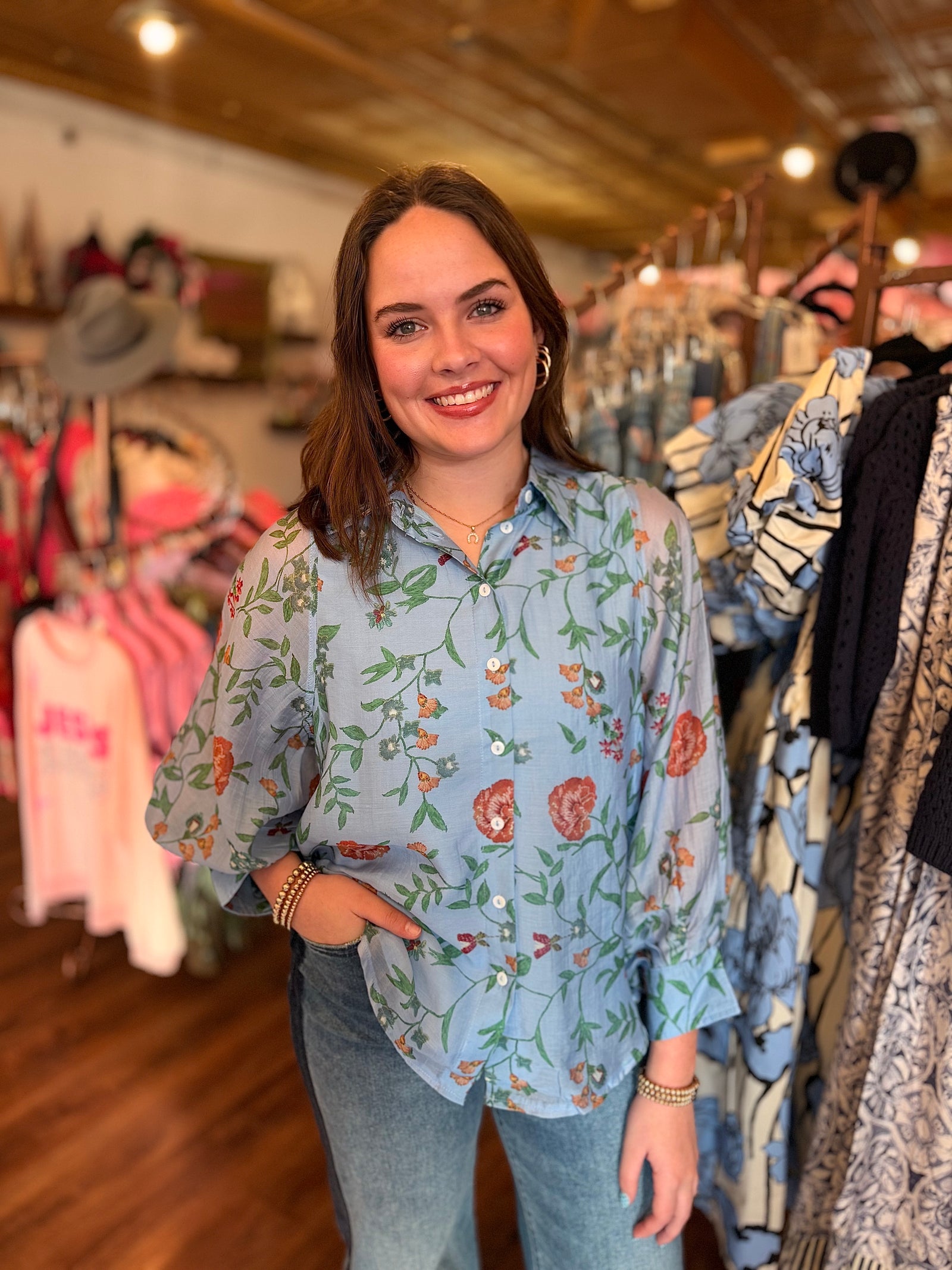 Entro Blue Floral Print Button Front Top