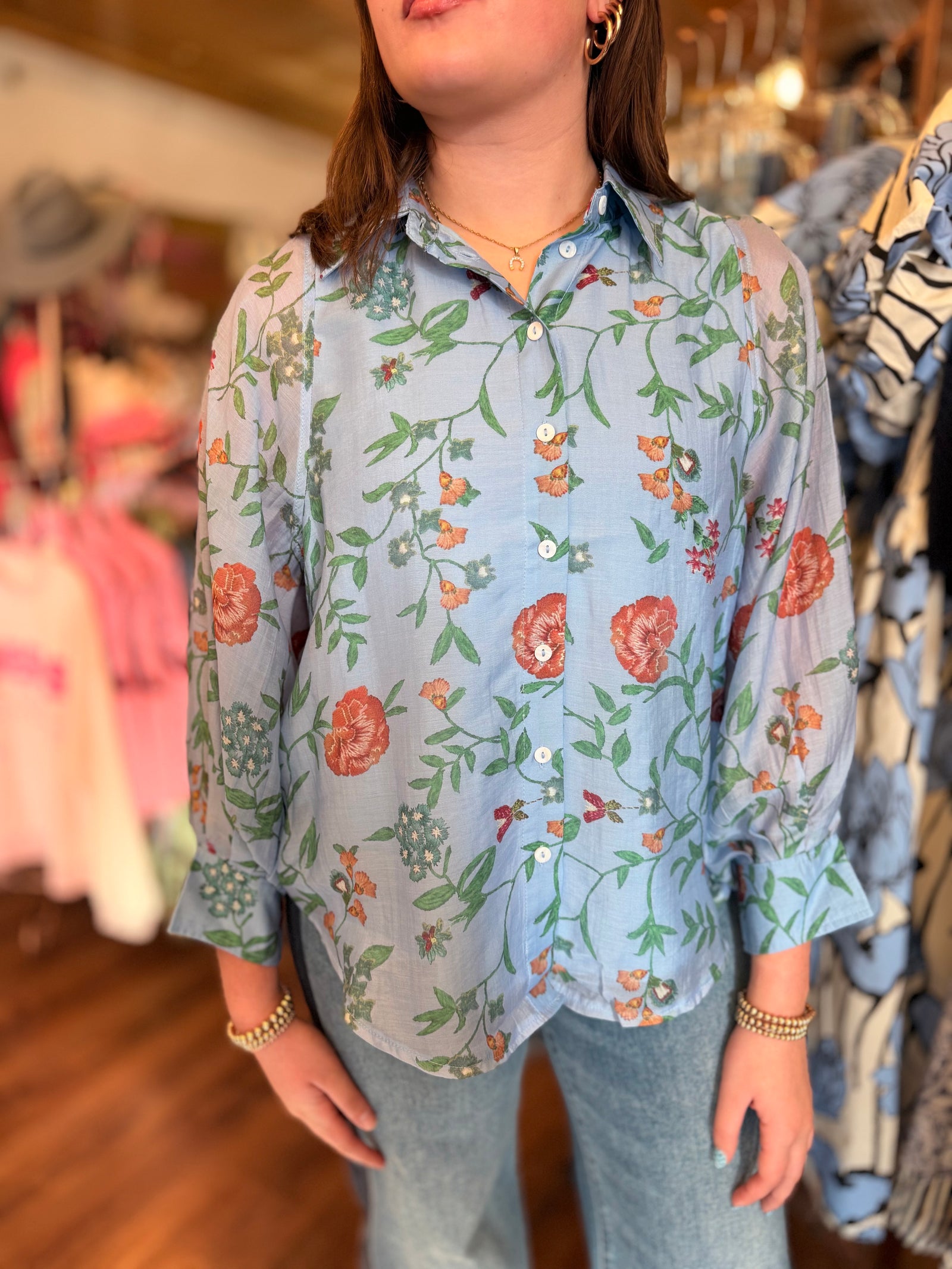 Entro Blue Floral Print Button Front Top