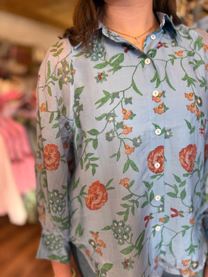 Entro Blue Floral Print Button Front Top