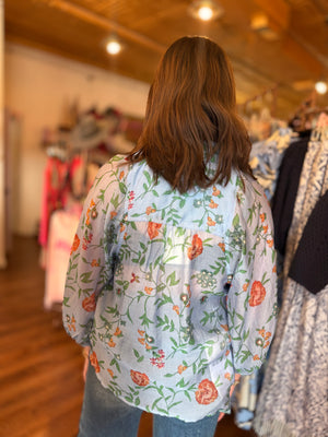 Entro Blue Floral Print Button Front Top