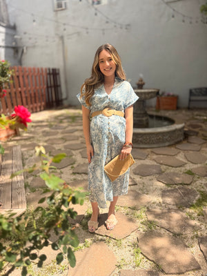 Blue Vintage Floral Print Linen Midi Dress w/ Woven Belt