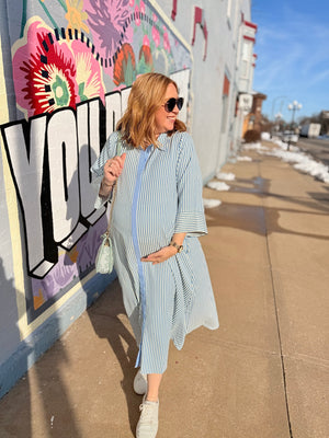 Entro Blue Stripe Quarter Sleeve Midi Dress Entro Blue Stripe Quarter Sleeve Midi Dress