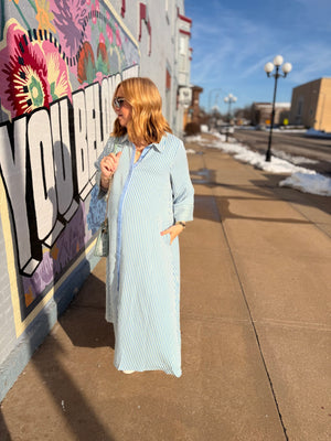 Entro Blue Stripe Quarter Sleeve Midi Dress Entro Blue Stripe Quarter Sleeve Midi Dress