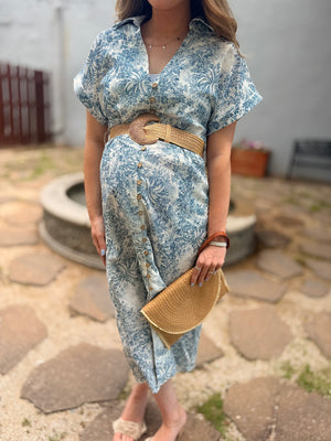 Blue Vintage Floral Print Linen Midi Dress w/ Woven Belt