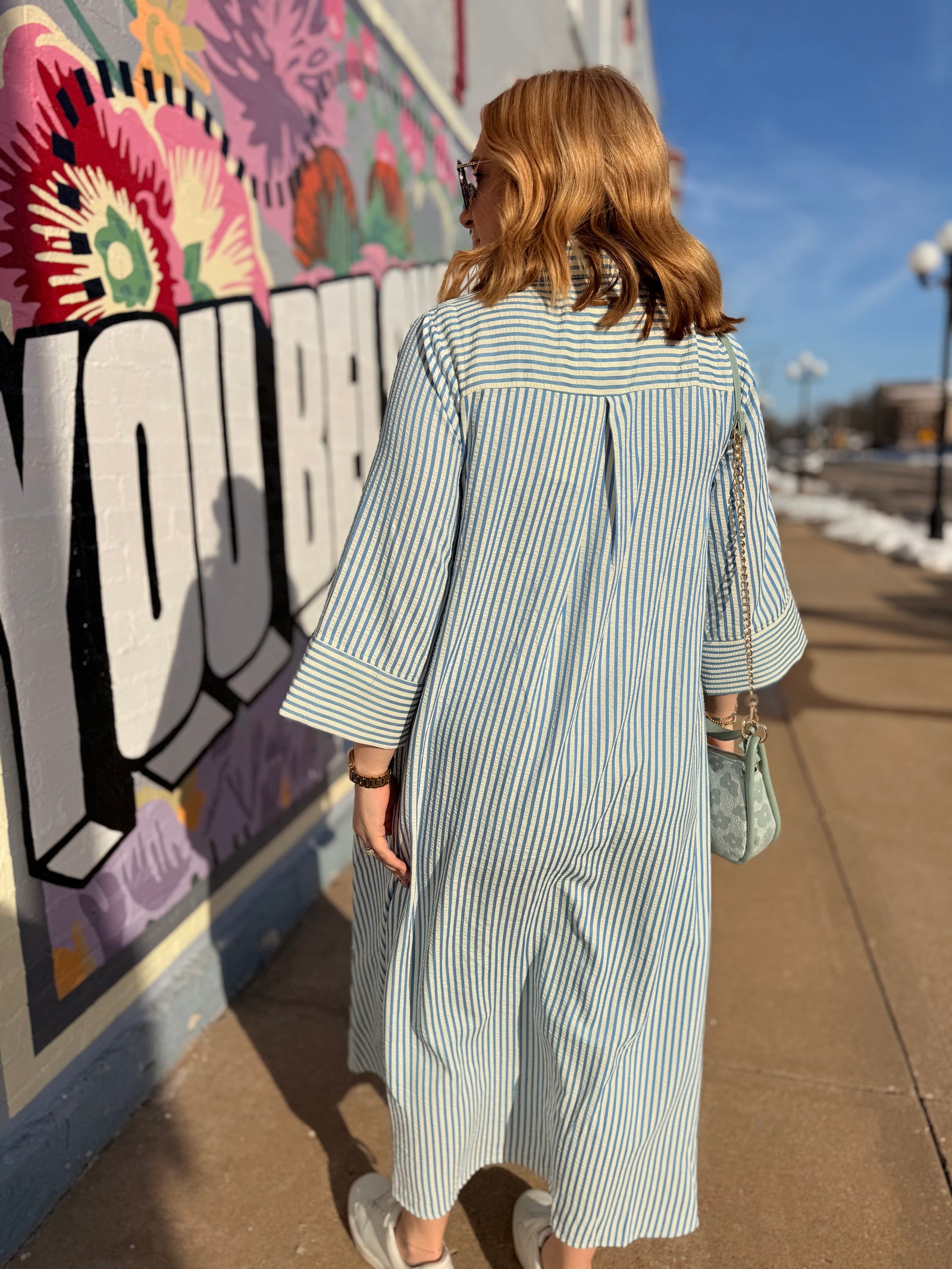 Entro Blue Stripe Quarter Sleeve Midi Dress
