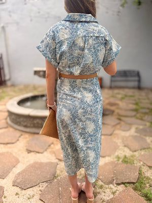 Blue Vintage Floral Print Linen Midi Dress w/ Woven Belt
