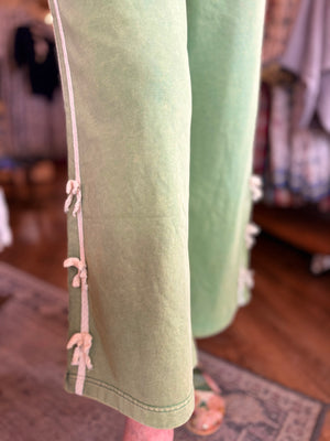 Mittoshop Green Lace Side Bow Stripe Wide Leg Pants