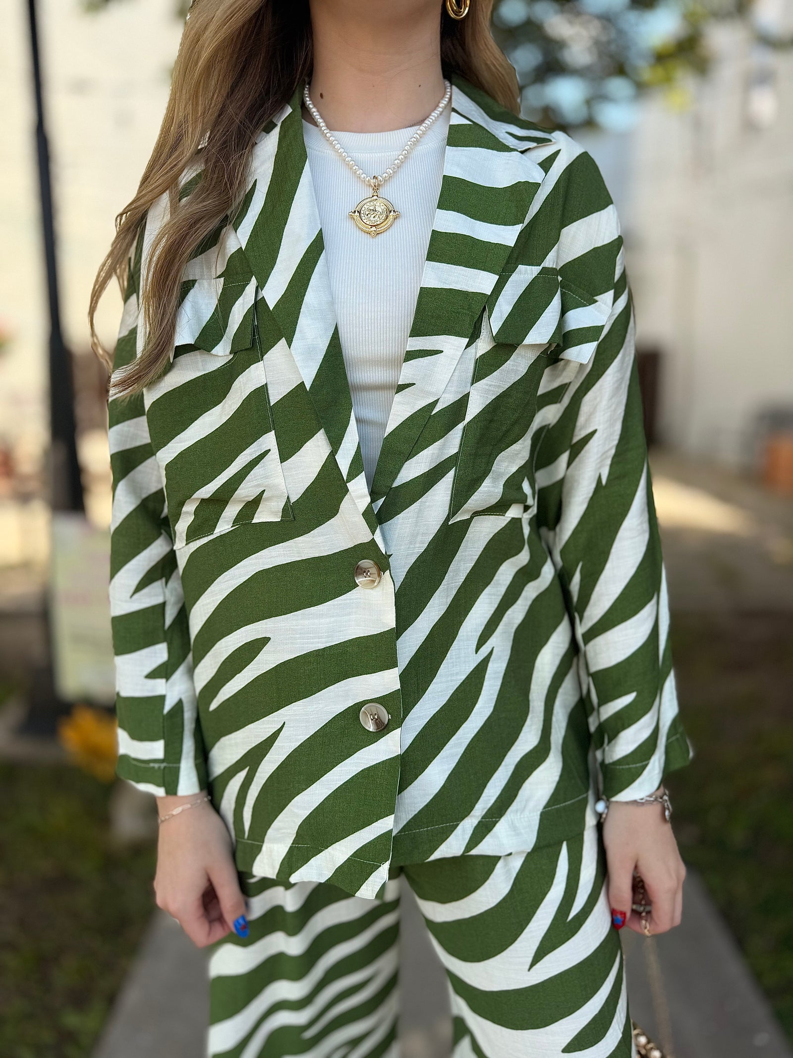 Green Zebra Printed Lightweight Collared Blazer