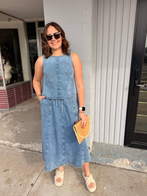 Washed Denim Round Neck Sleeveless Top