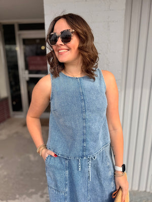 Washed Denim Round Neck Sleeveless Top