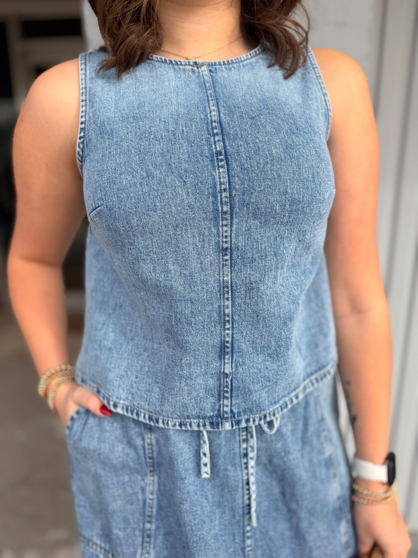 Washed Denim Round Neck Sleeveless Top