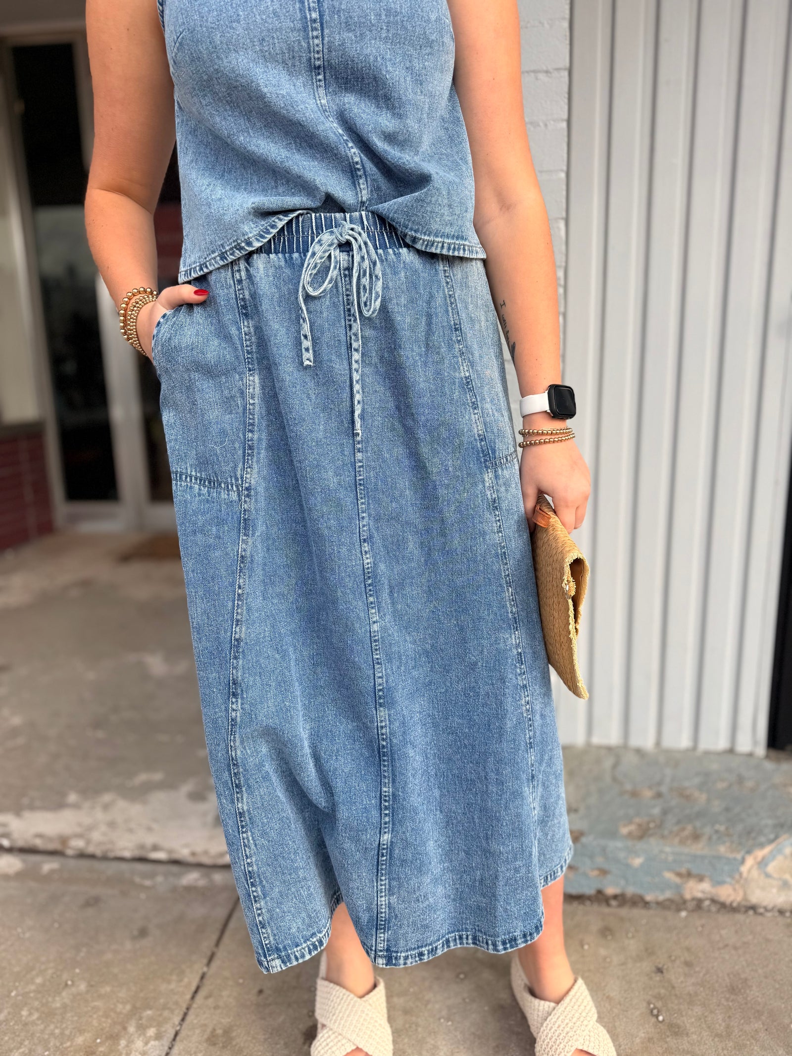 Washed Denim Elastic Waist Maxi Skirt