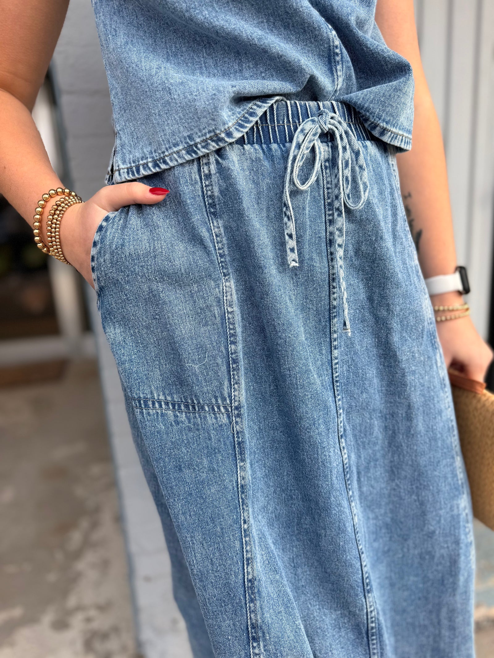 Washed Denim Elastic Waist Maxi Skirt