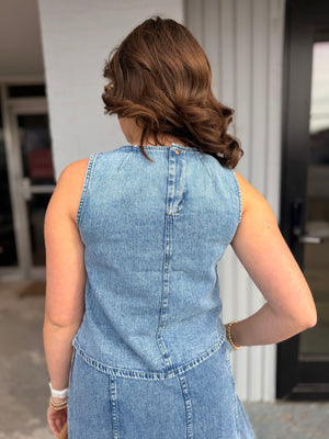 Washed Denim Round Neck Sleeveless Top