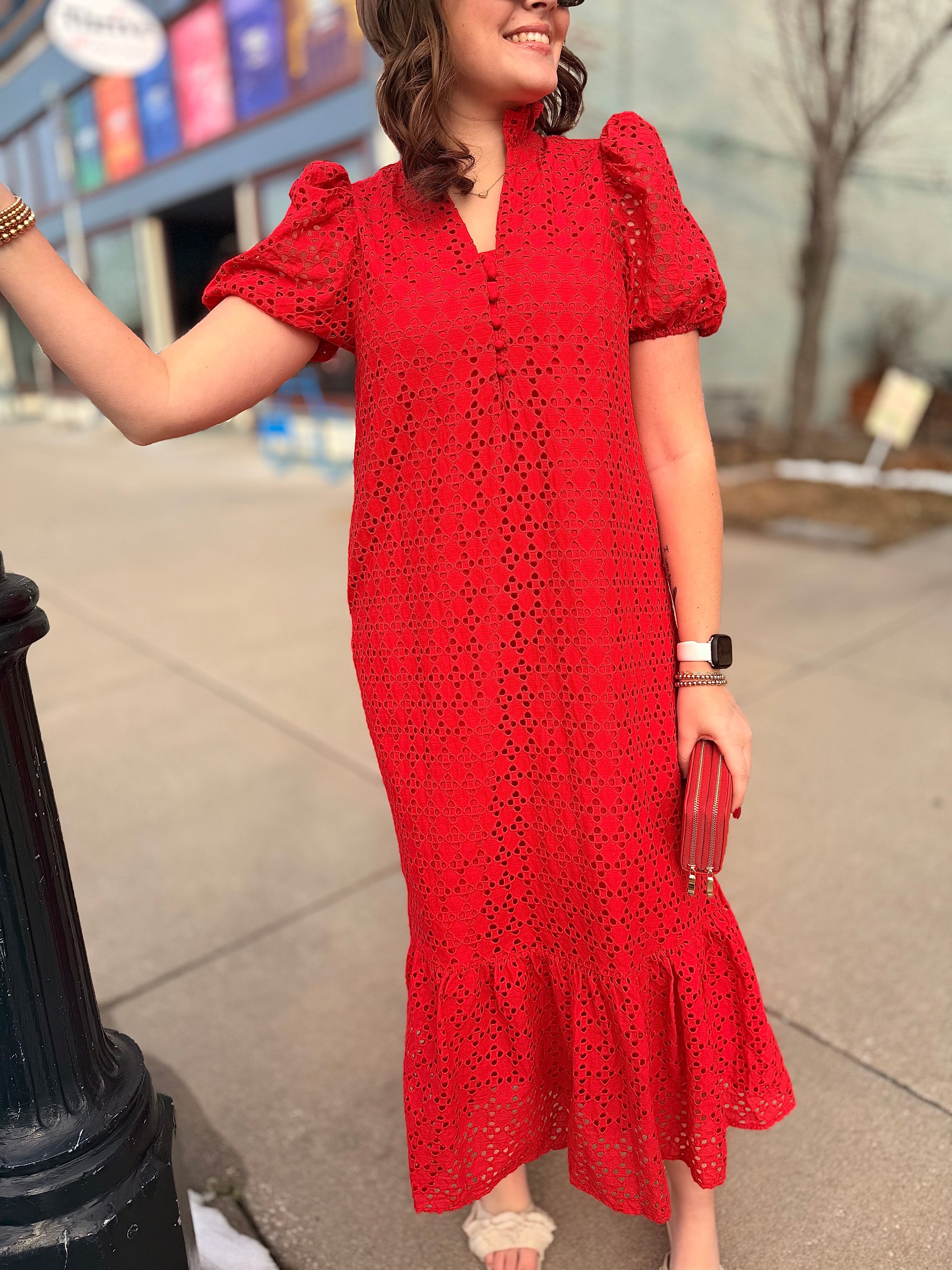 entro brand maxi dresses Entro Red Eyelet Maxi Dress