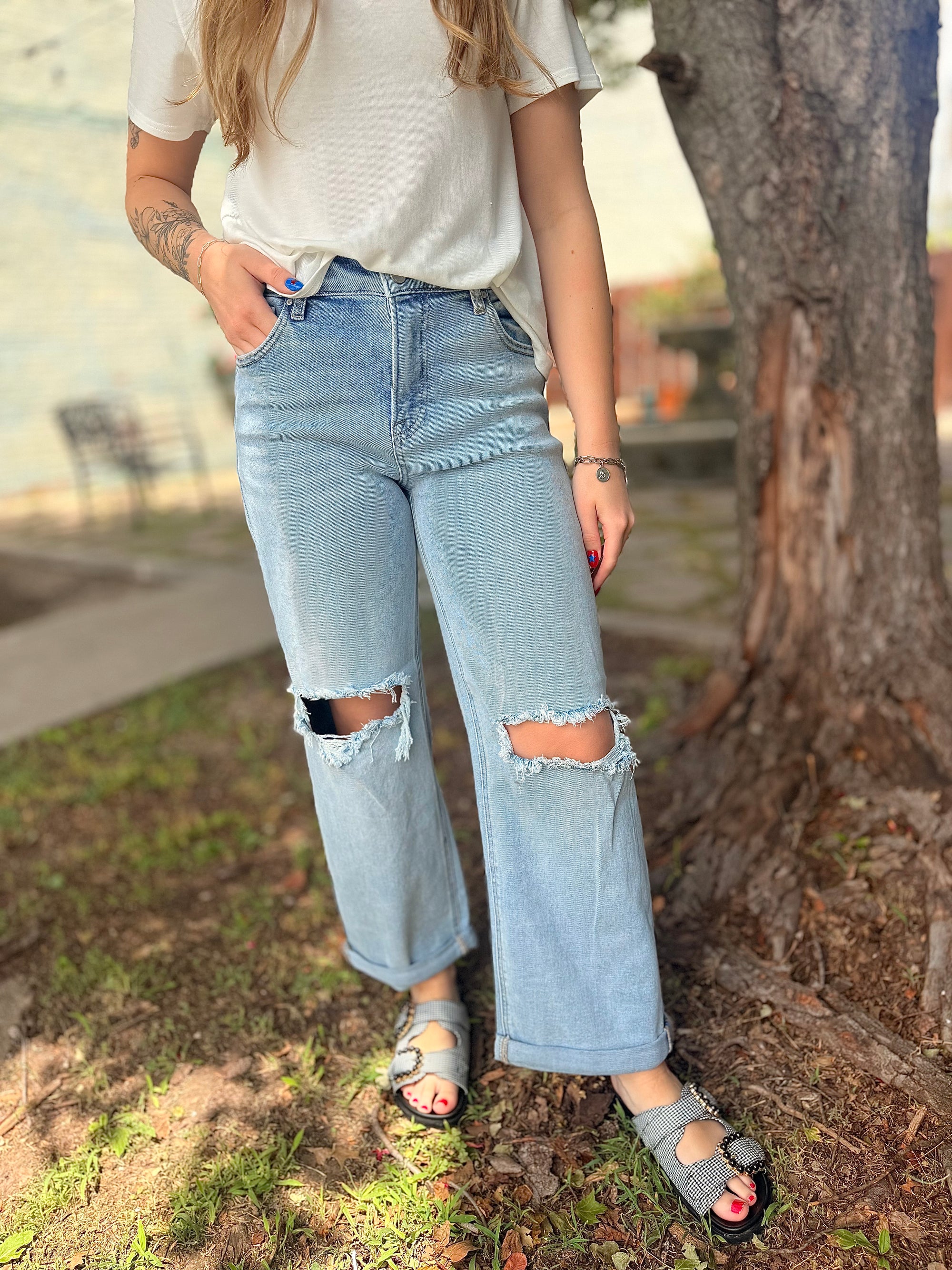 Risen Light Wash Mid-Rise Cuffed Boyfriend Jeans