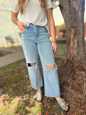 Risen Light Wash Mid-Rise Cuffed Boyfriend Jeans