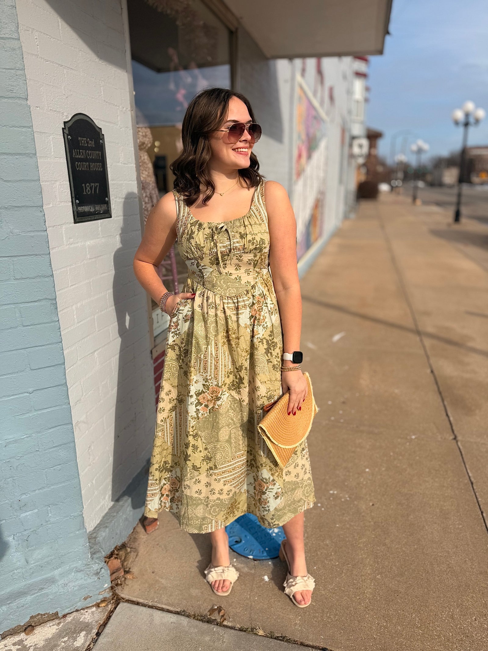 Olive Boho Pattern Sleeveless Corset Midi Dress