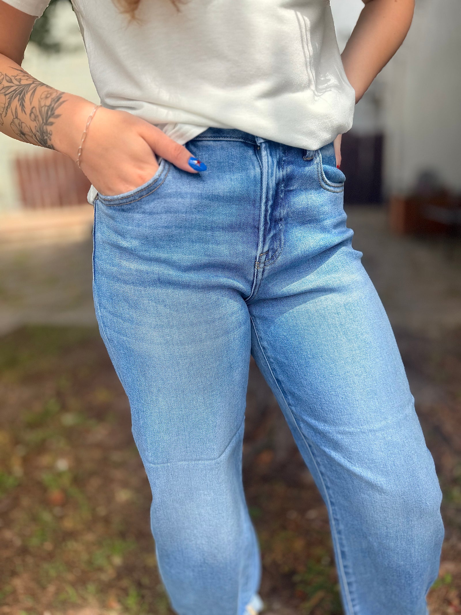 Risen Medium Wash High Rise Cropped Barrel Jean