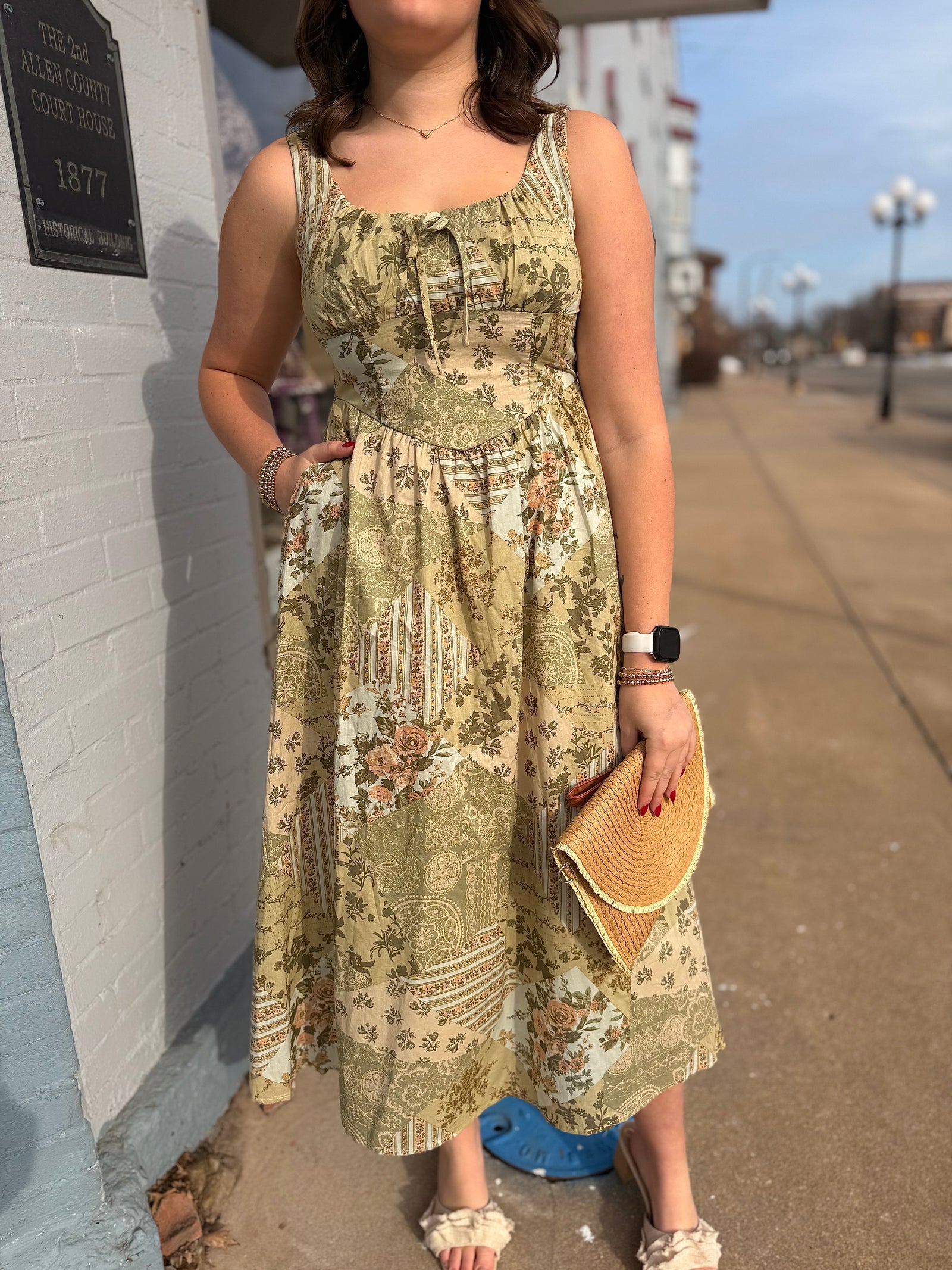 Olive Boho Pattern Sleeveless Corset Midi Dress