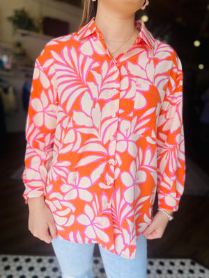 Tropical Print Button Up Long Sleeve Top - Orange/Pink