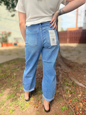Risen Medium Wash High Rise Cropped Barrel Jean