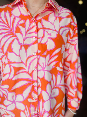 Tropical Print Button Up Long Sleeve Top - Orange/Pink