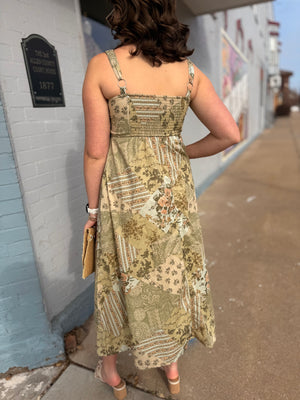 Olive Boho Pattern Sleeveless Corset Midi Dress