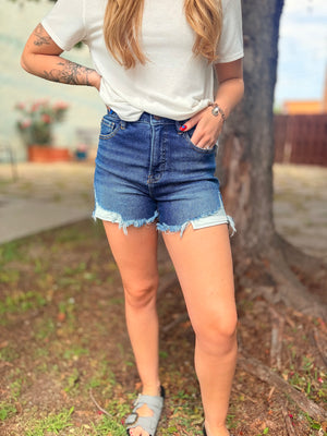Risen Dark Wash High Waist Side Hem Shorts