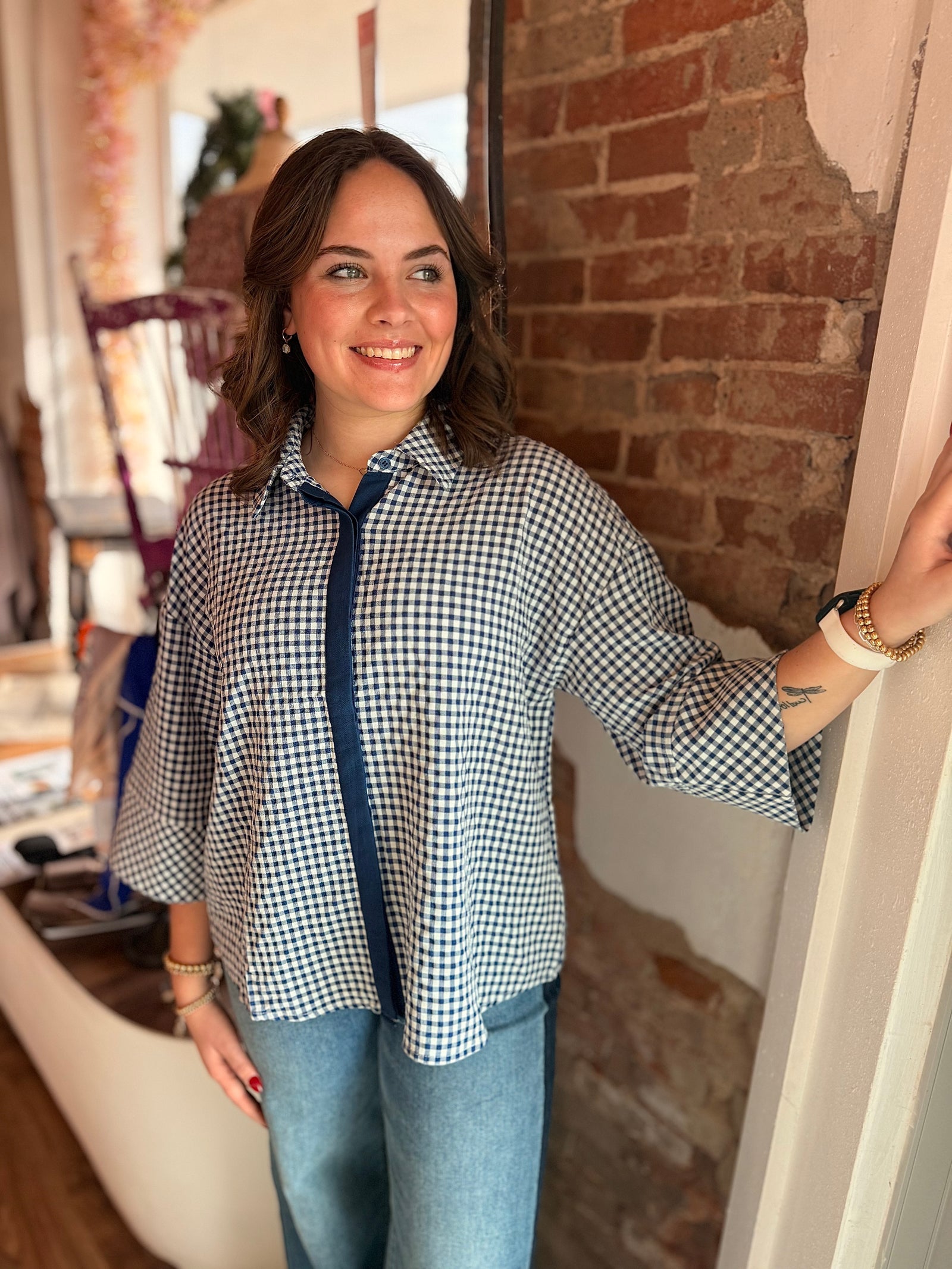 Entro Navy Gingham Boxy Quarter Sleeve Top