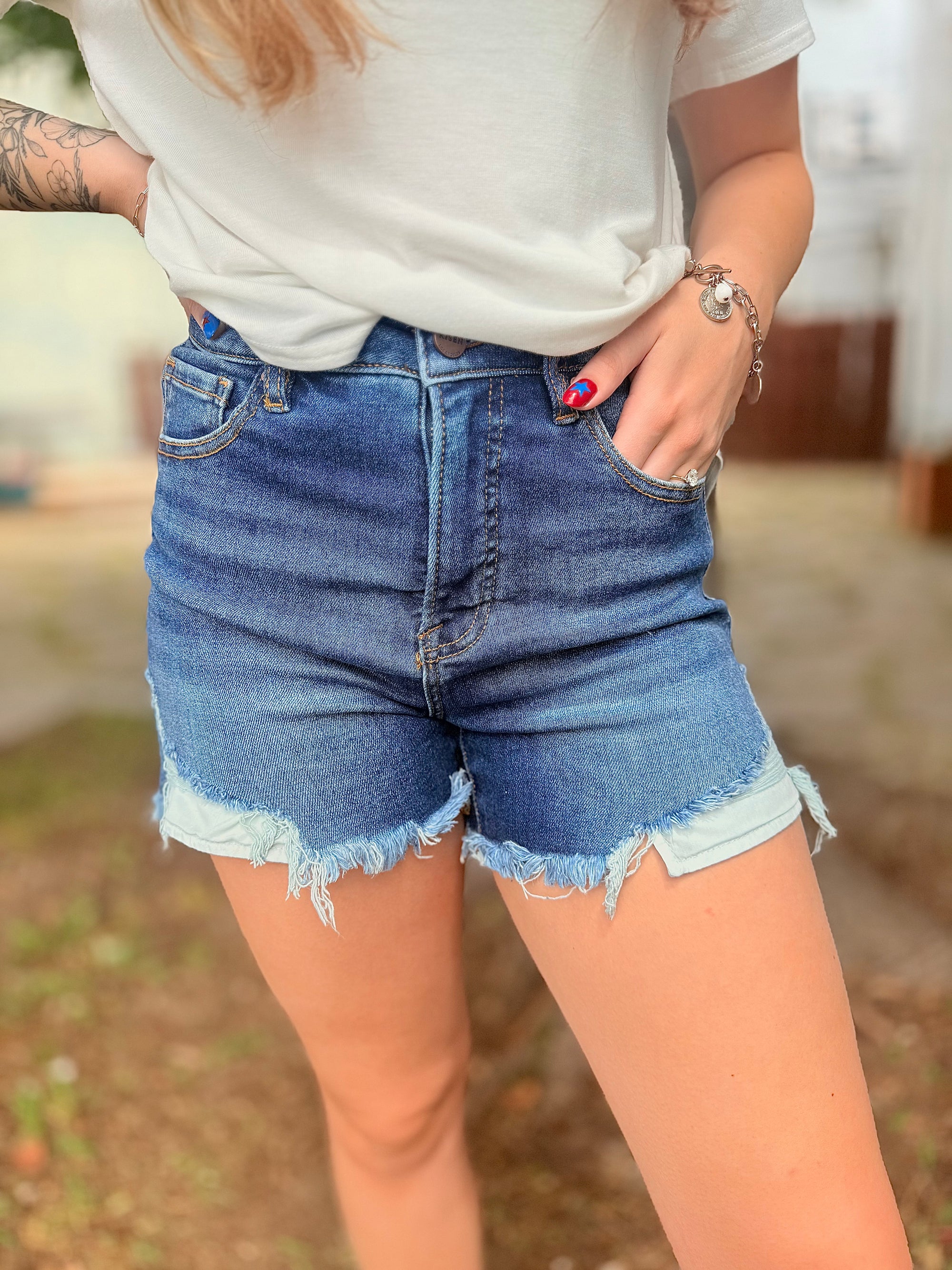 Risen Dark Wash High Waist Side Hem Shorts