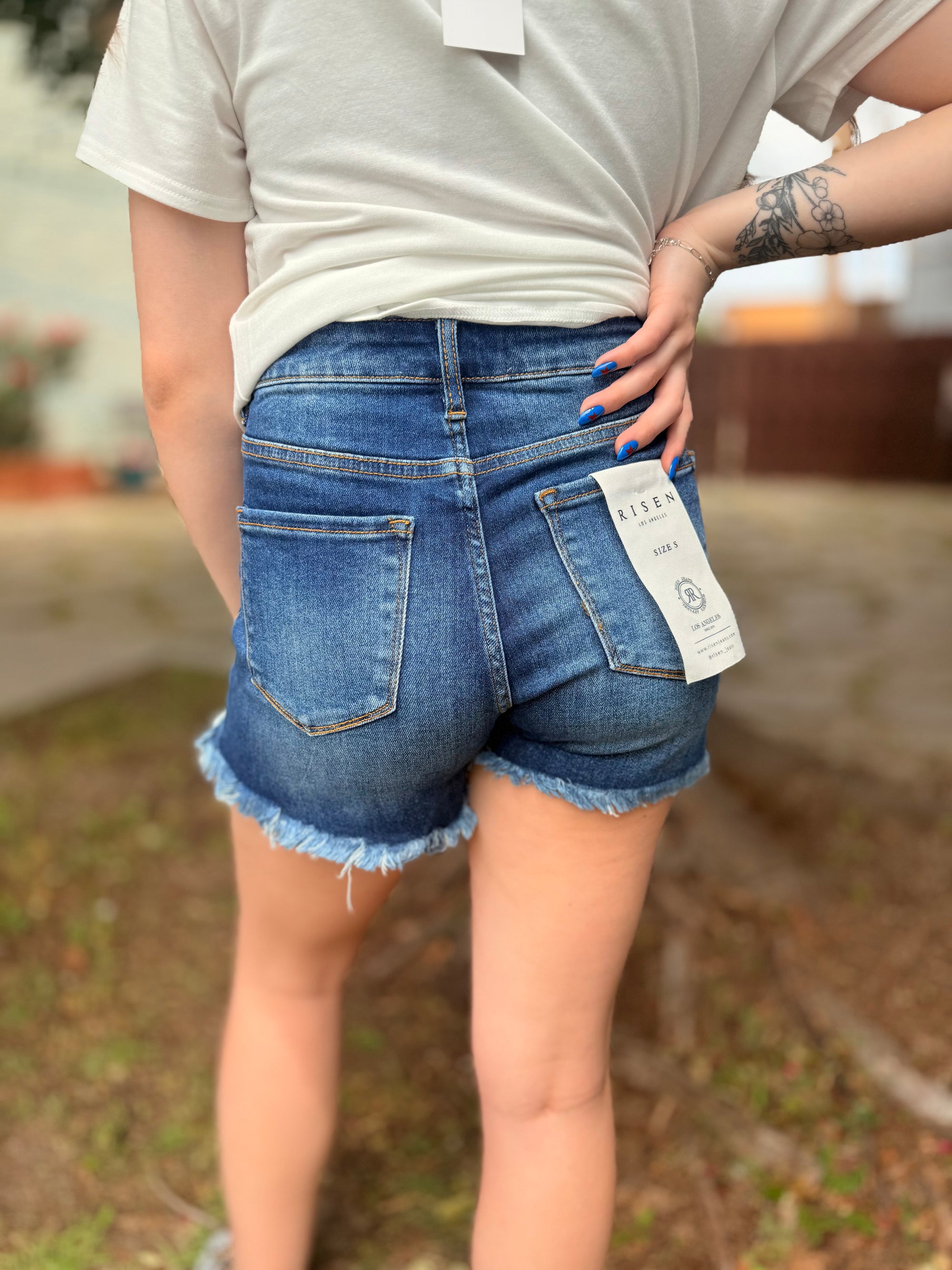 Risen Dark Wash High Waist Side Hem Shorts