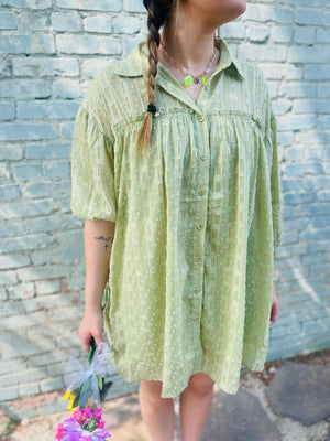 Textured Bubble Sleeve Button Down Mini Dress - Green