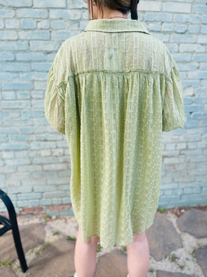 Textured Bubble Sleeve Button Down Mini Dress - Green