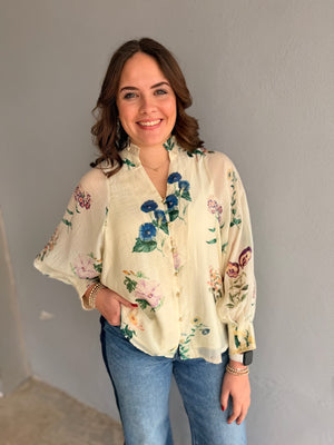 Entro Cream Vintage Floral Woven Top