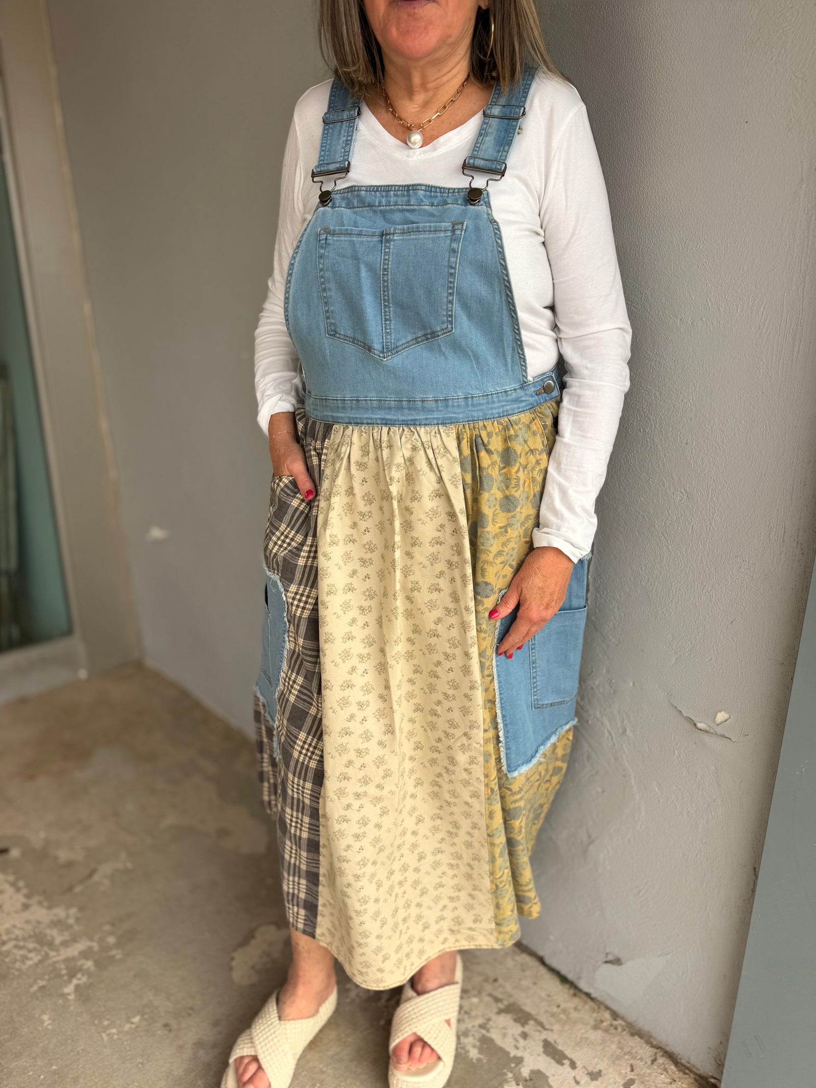Easel Washed Denim Patchwork Overall Dress