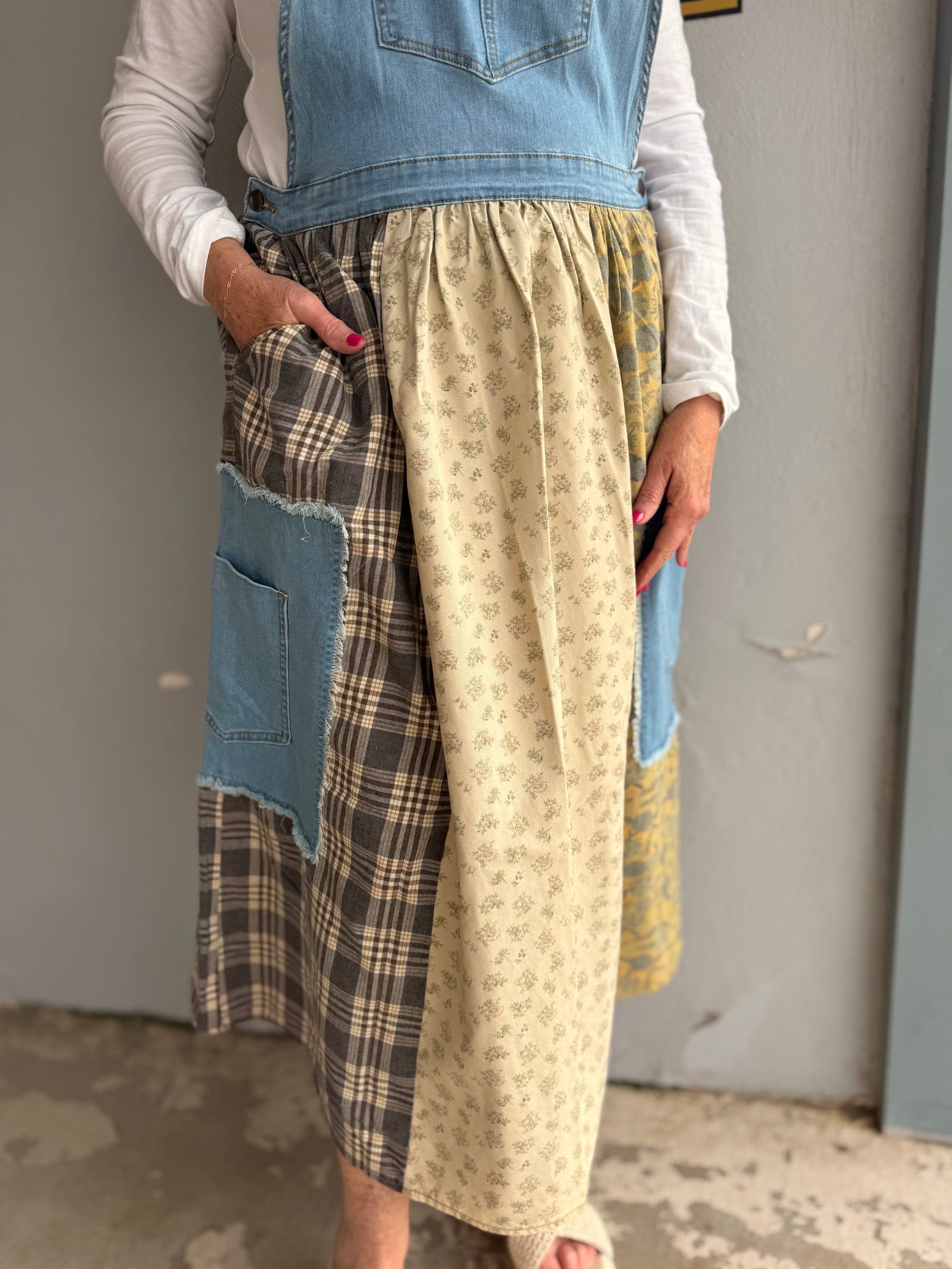 Easel Washed Denim Patchwork Overall Dress
