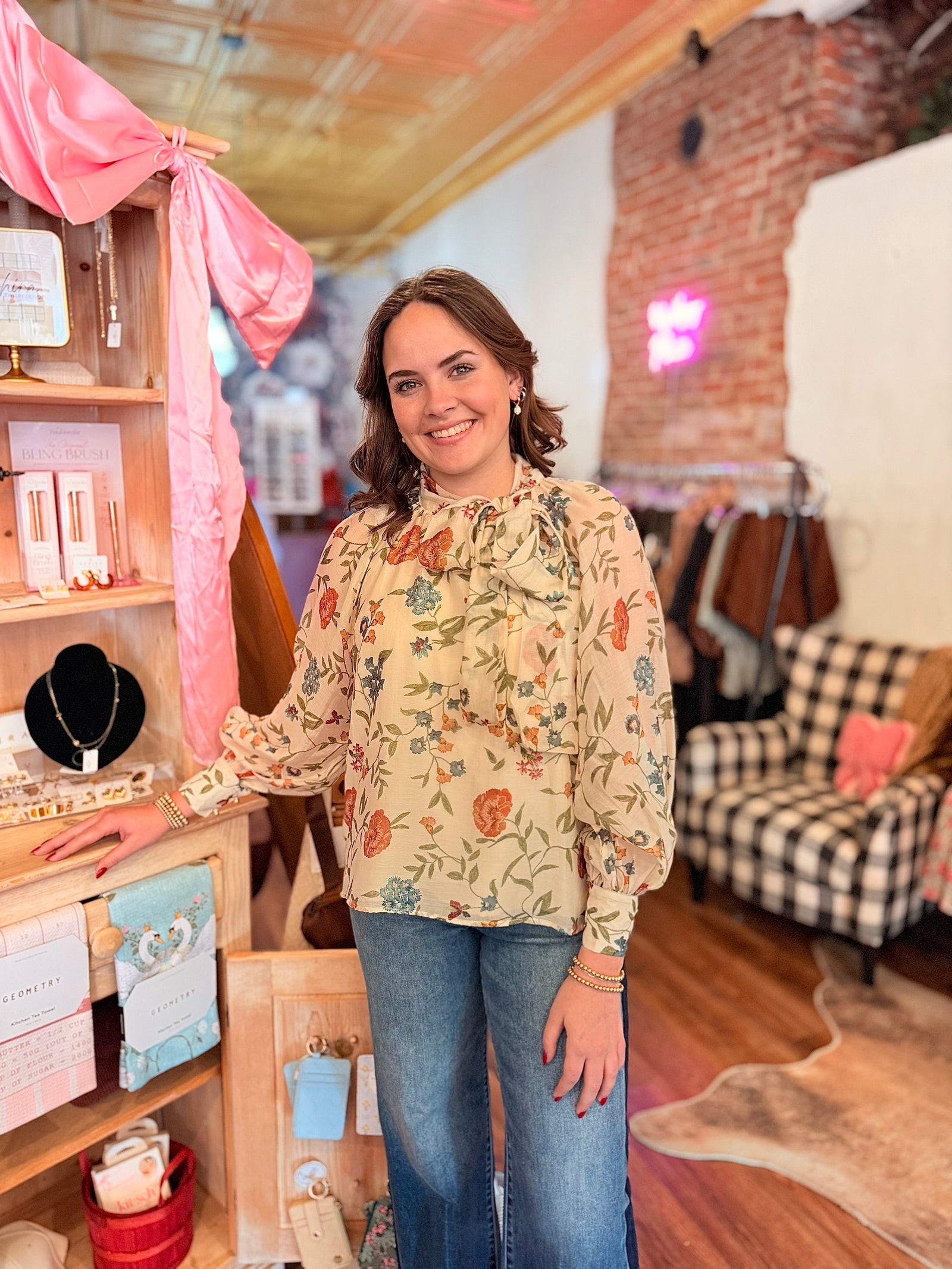 Entro Cream Floral Print Tie Neck Top