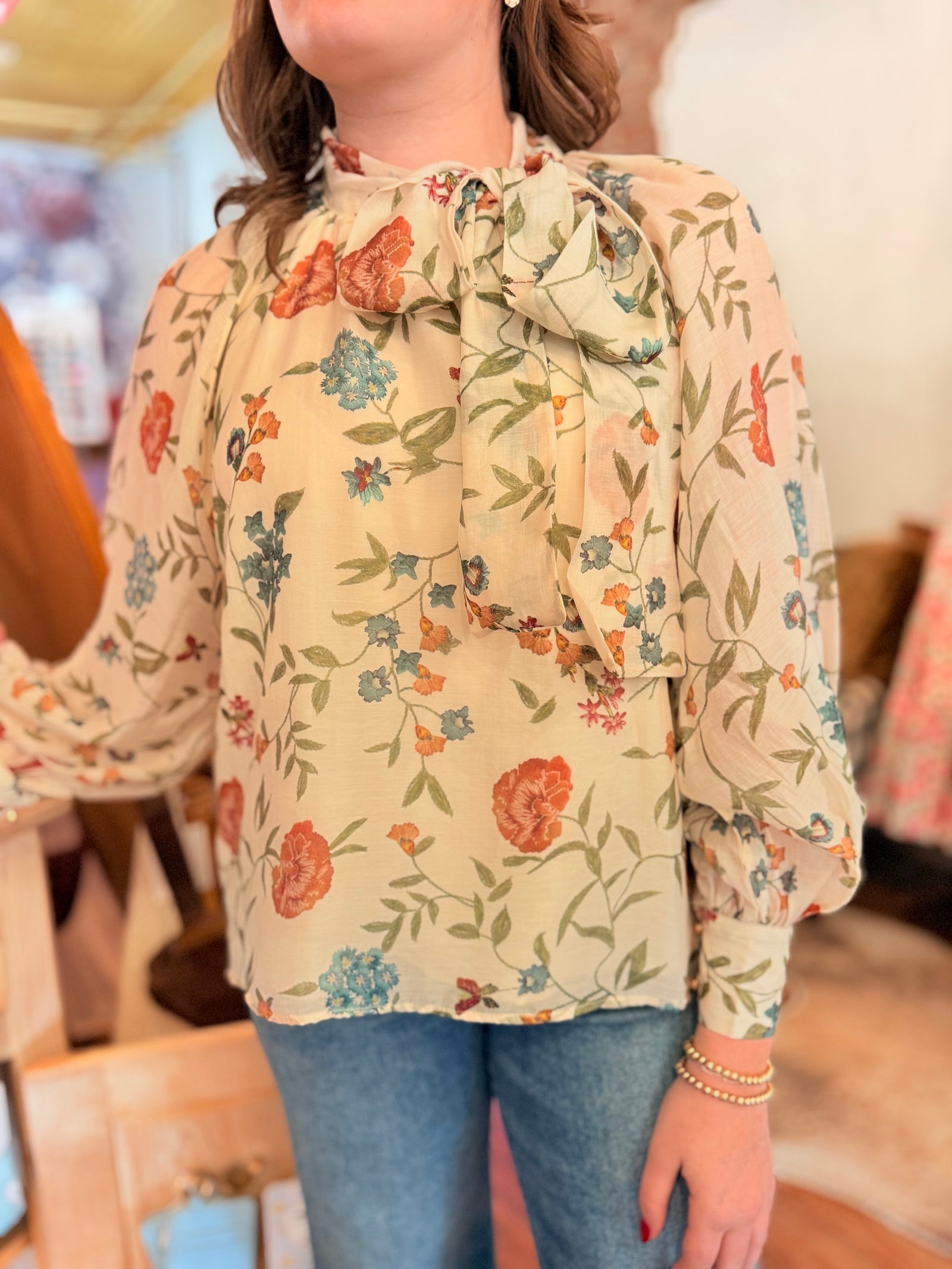 Entro Cream Floral Print Tie Neck Top
